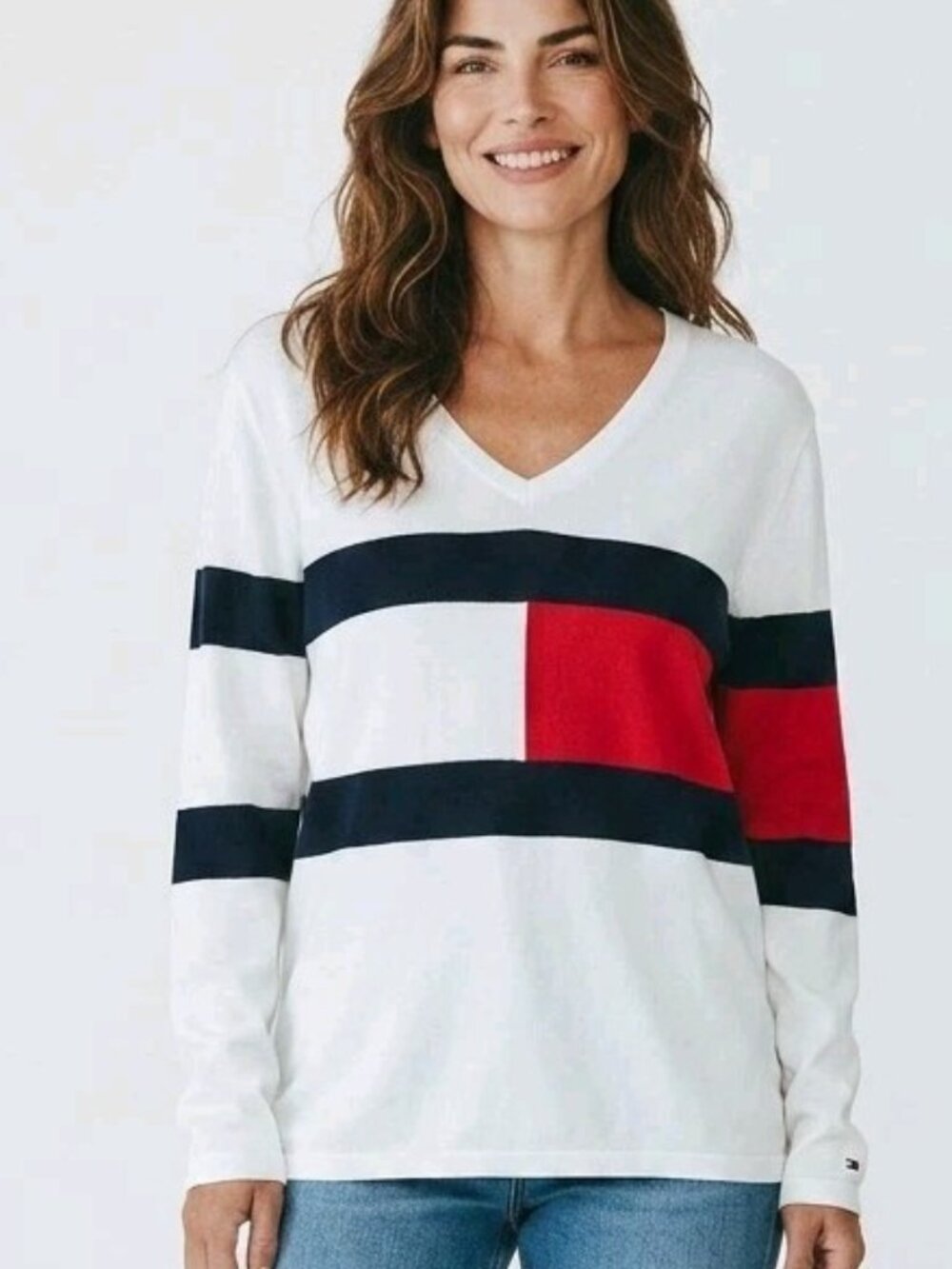 Tommy Hilfiger Women's Flag Logo Sweater Ivory Red Navy V-Neck Long Sleeve Large